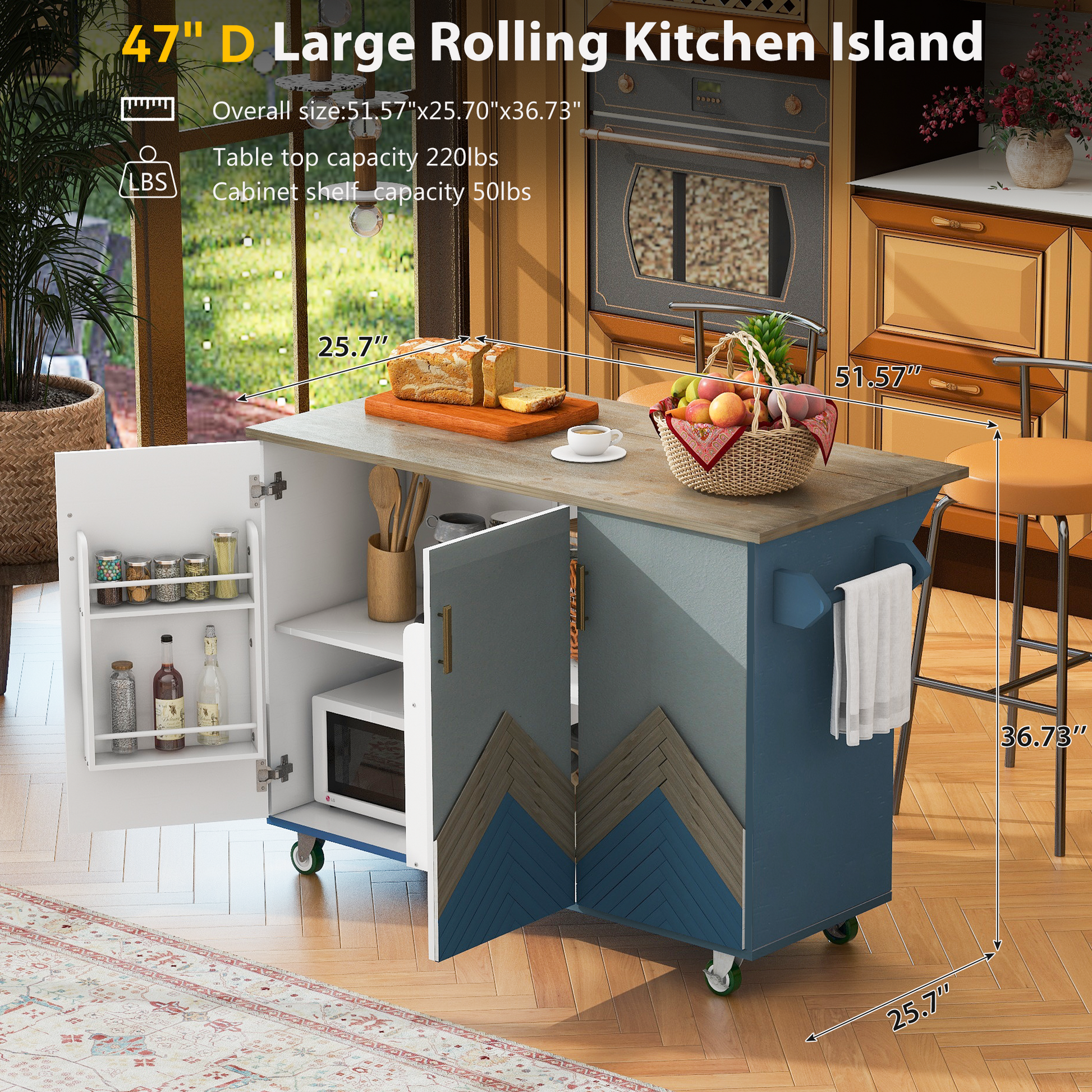 Retro Mountain Wood 47"D Kitchen Island With Drop Leaf, Accent Cabinet With Internal Storage Rack, Farmhouse Rolling Kitchen Cart On Wheels For Living Room, Kitchen, Dining Room Navy Blue Navy Blue Kitchen Classic,European,Modern Rectangular Kitchen