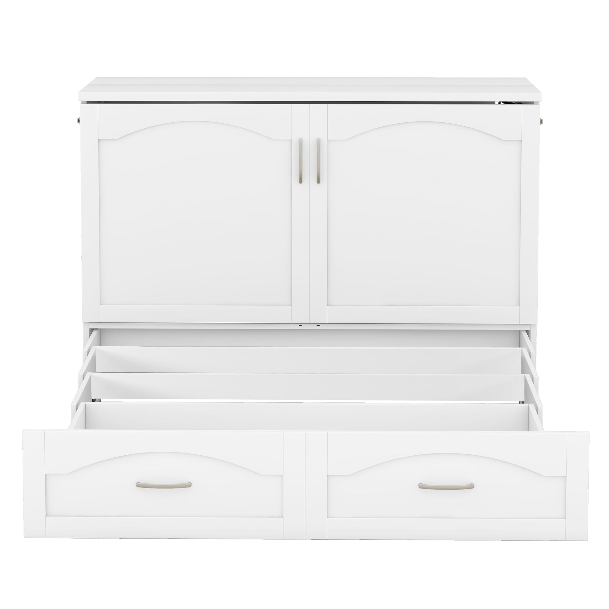 Full Size Murphy Bed Wall Bed With Drawer And A Set Of Sockets & Usb Ports, Pulley Structure Design, White White Solid Wood Mdf