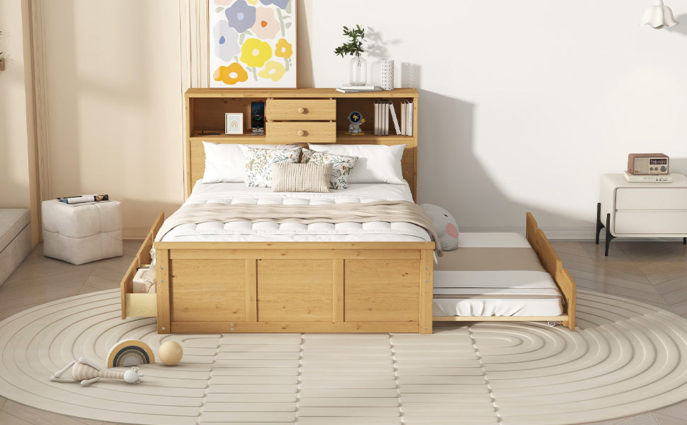 Full Size Wood Pltaform Bed With Twin Size Trundle, 3 Drawers, Upper Shelves And A Set Of Usb Ports & Sockets, Natural Natural Solid Wood Mdf