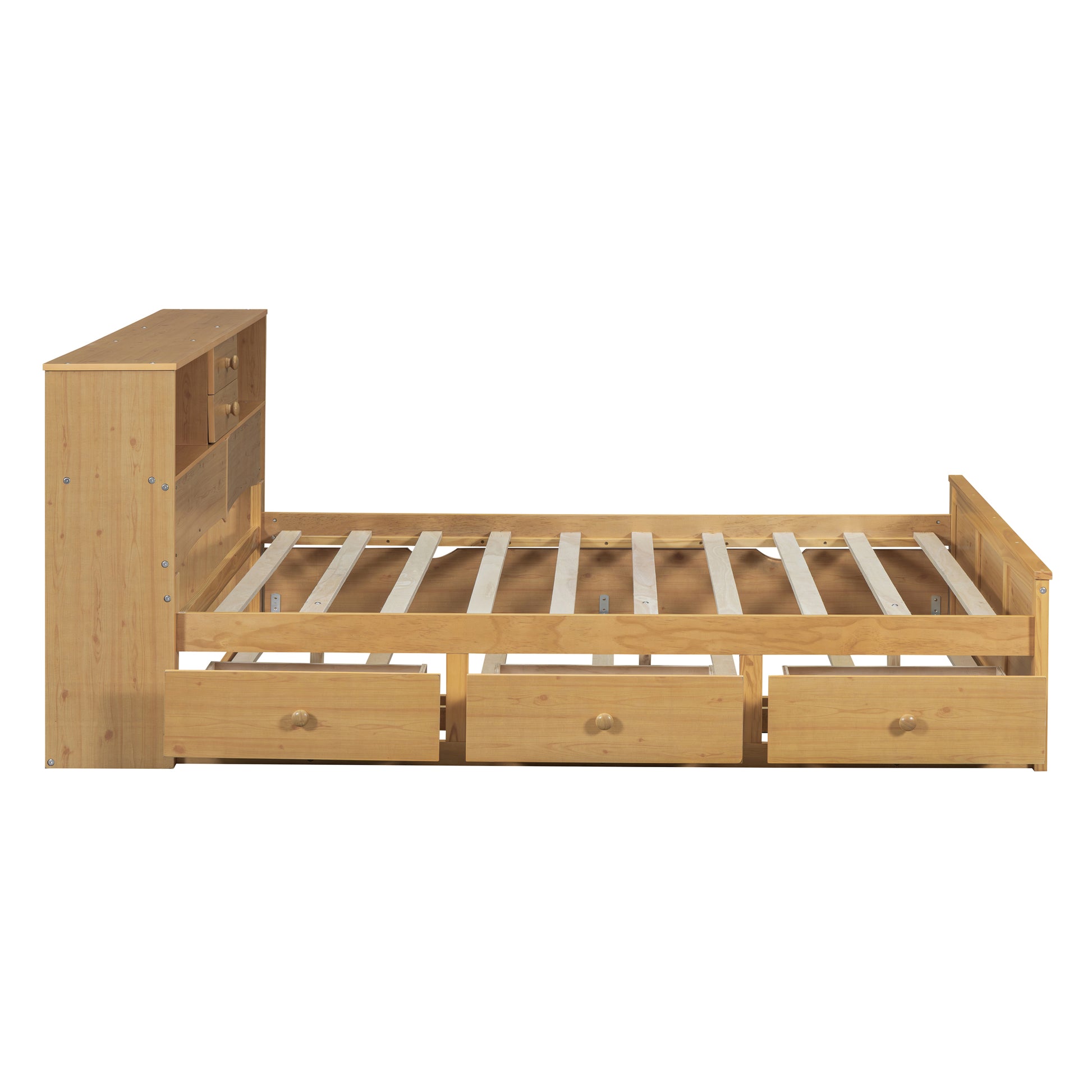 Full Size Wood Pltaform Bed With Twin Size Trundle, 3 Drawers, Upper Shelves And A Set Of Usb Ports & Sockets, Natural Natural Solid Wood Mdf