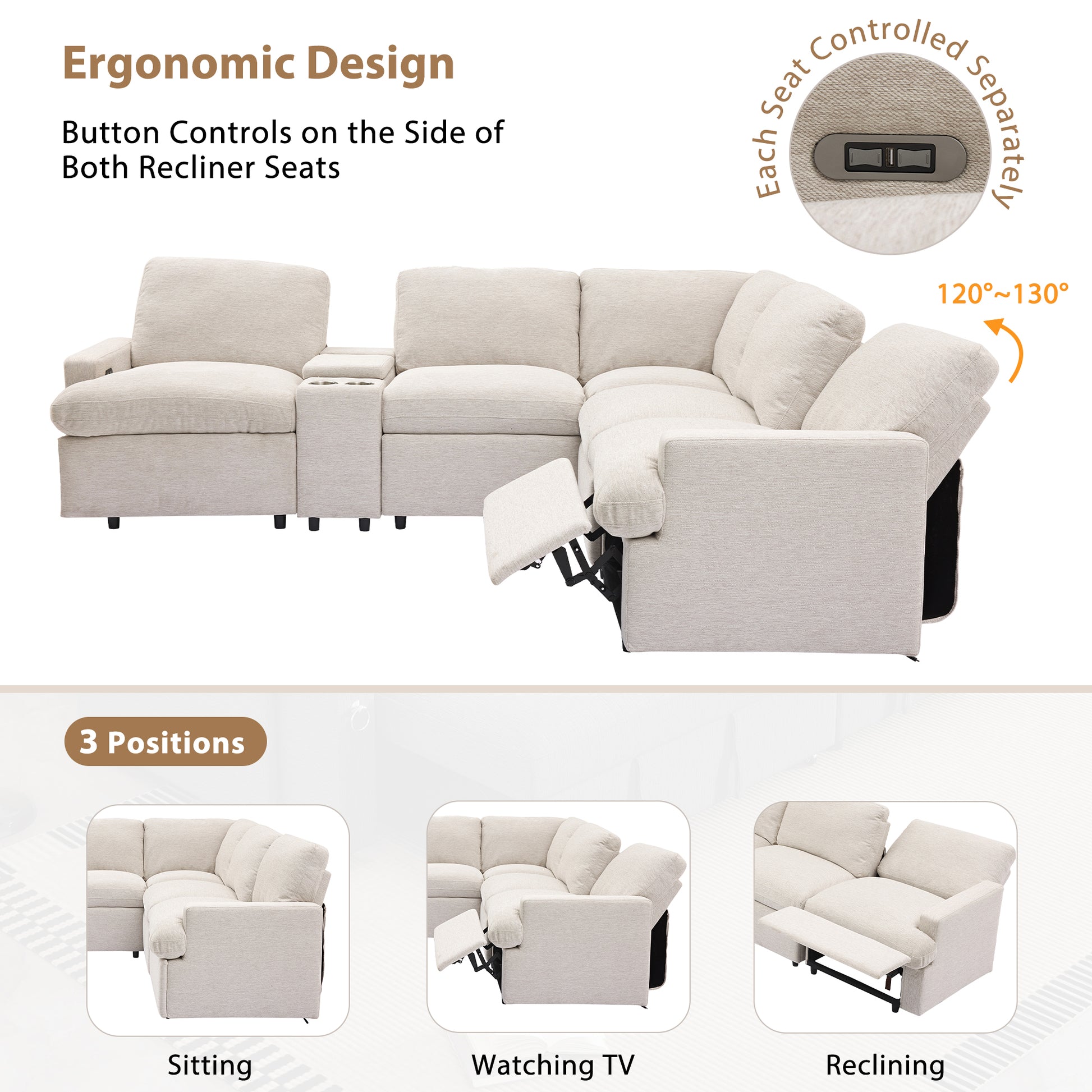 104'' Power Recliner Corner Sofa Home Theater Reclining Sofa Sectional Couches With Storage Box, Cup Holders, Usb Ports And Power Socket For Living Room, Beige Beige Foam Linen 4 Seat