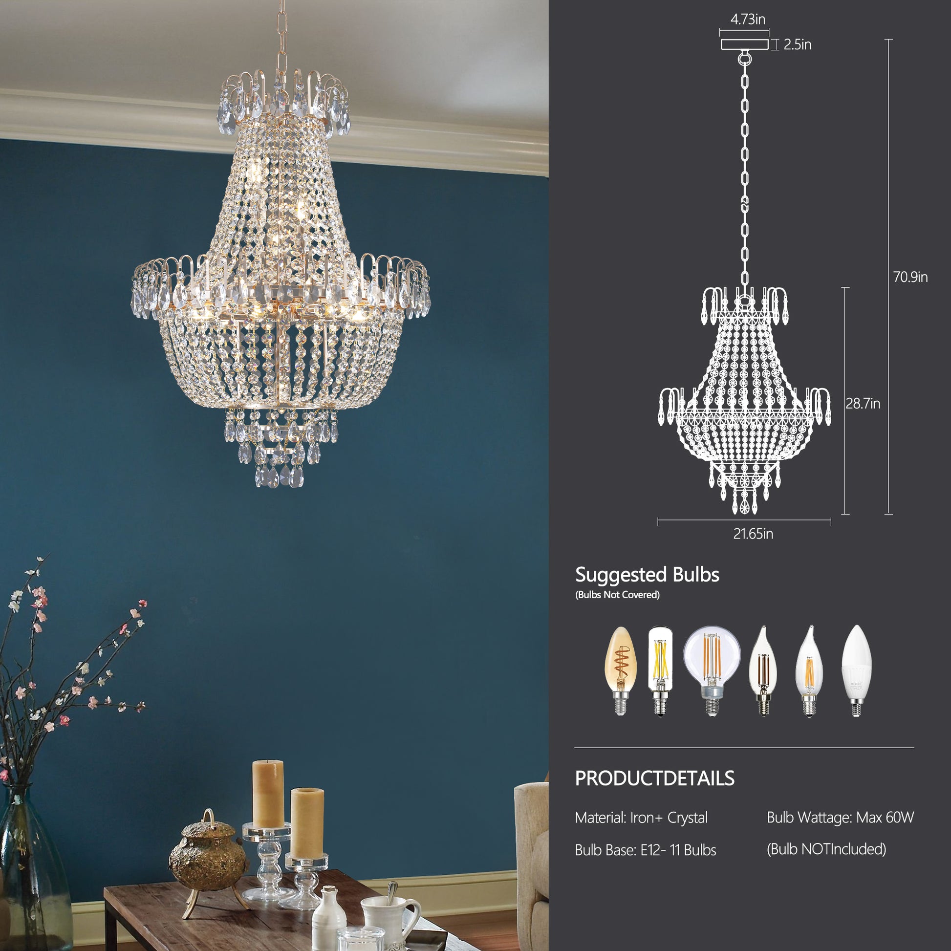 Gold Crystal Chandeliers,Large Contemporary Luxury Ceiling Lighting For Living Room Dining Room Bedroom Hallway Without Bulb Gold Luxury Crystal Iron