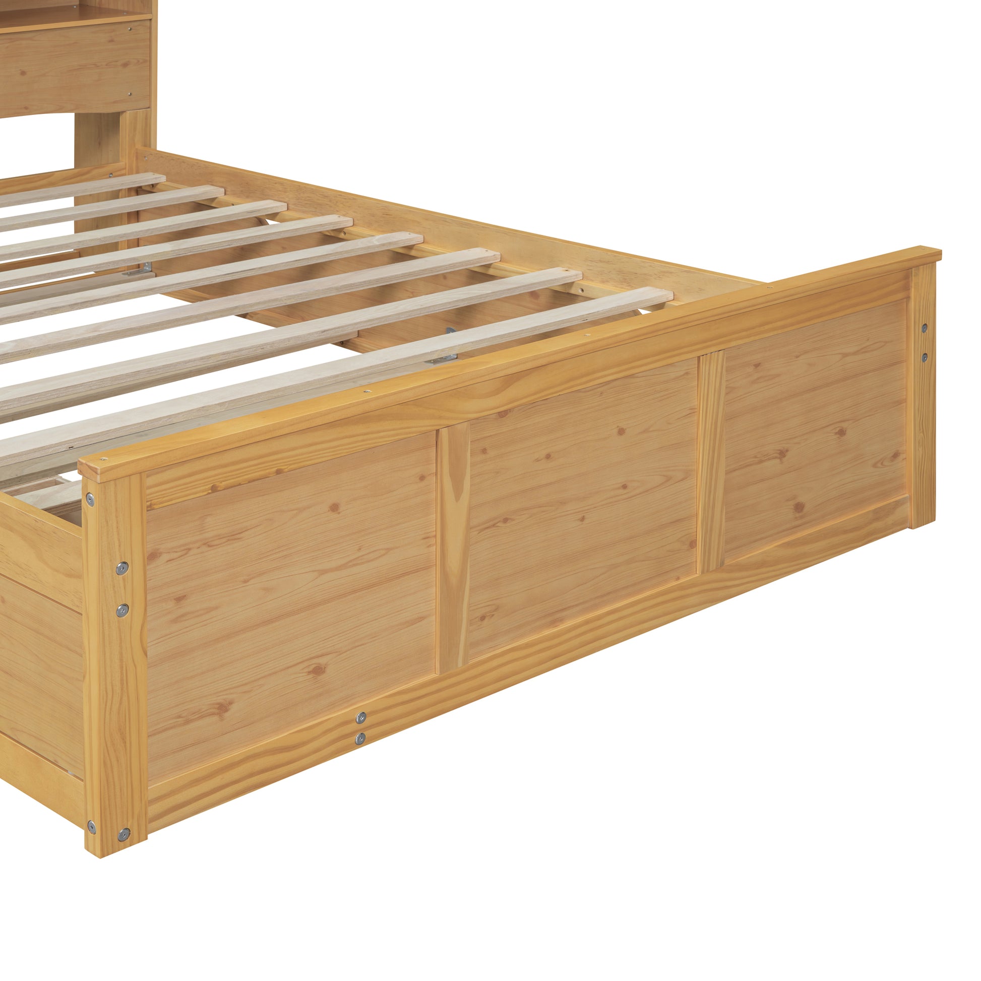 Full Size Wood Pltaform Bed With Twin Size Trundle, 3 Drawers, Upper Shelves And A Set Of Usb Ports & Sockets, Natural Natural Solid Wood Mdf