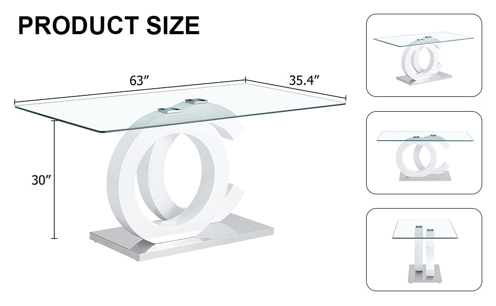 Large Modern Minimalist Rectangular Glass Dining Table, Suitable For 6 8 People, Equipped With 0.39 "Tempered Glass Tabletop, White Mdf Oc Shaped Bracket And Metal Base, Suitable For Kitchen White Glass