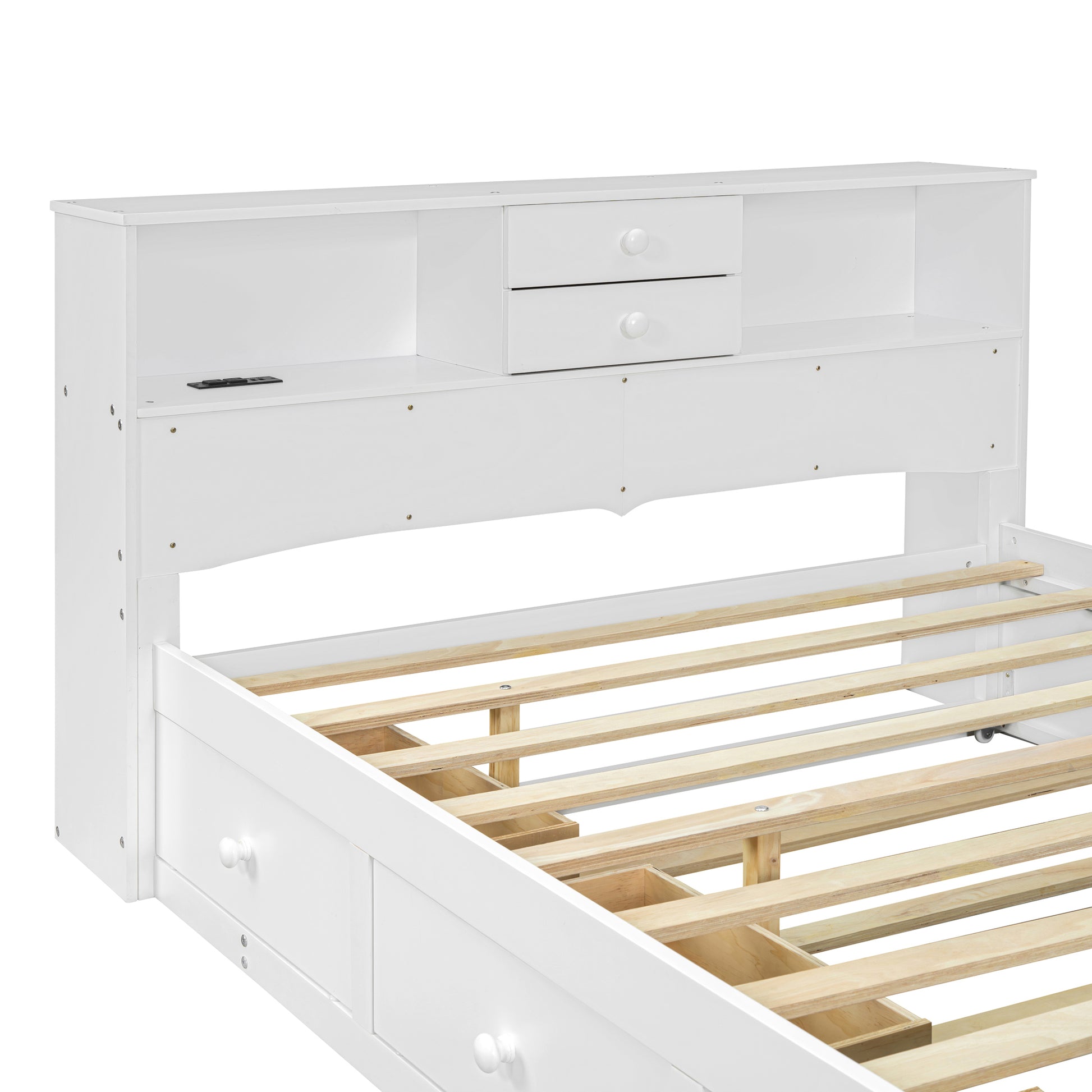 Full Size Wood Pltaform Bed With Win Size Trundle, 3 Drawers, Upper Shelves And A Set Of Usb Ports & Sockets, White White Solid Wood Mdf