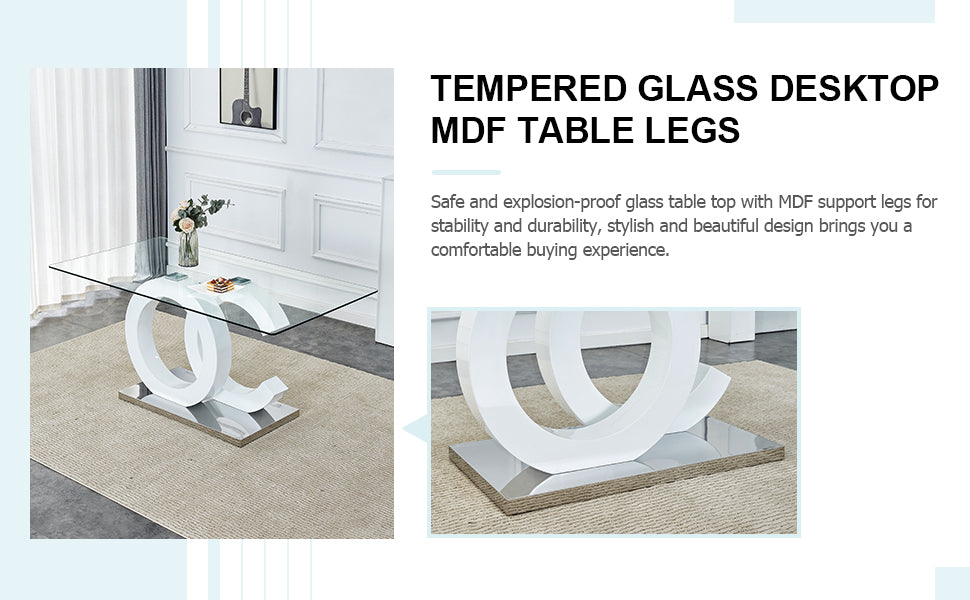 Large Modern Minimalist Rectangular Glass Dining Table, Suitable For 6 8 People, Equipped With 0.39 "Tempered Glass Tabletop, White Mdf Oc Shaped Bracket And Metal Base, Suitable For Kitchen White Glass