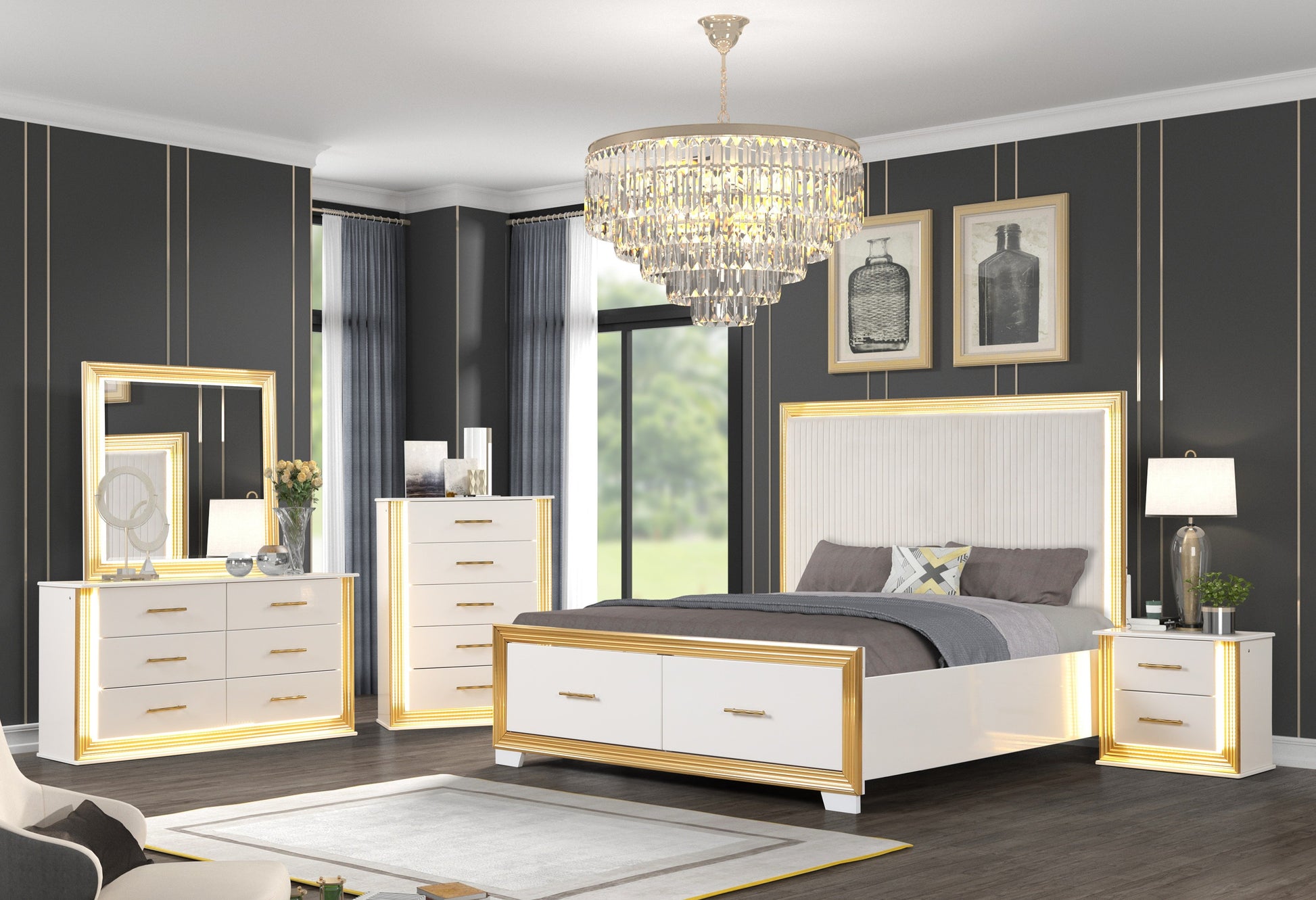 Contemporary Style 5 Drawer Chest Made With Wood & Gold Finish White White Bedroom Contemporary,Modern Solid Wood Mdf Wood