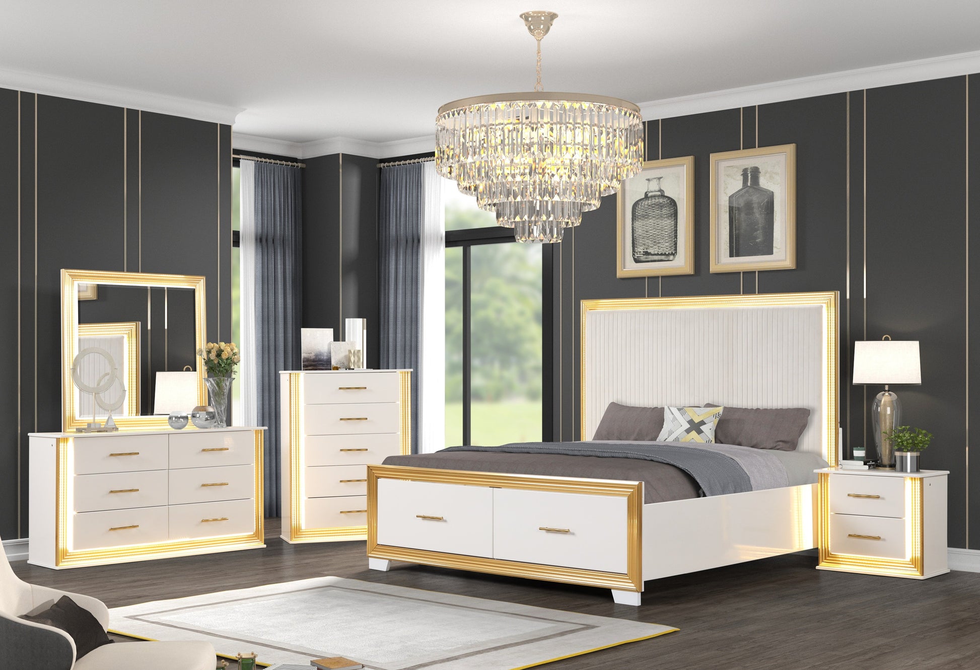 Contemporary Style 5Pc King Bedroom Set Made With Wood & Gold Finish Box Spring Not Required King White Wood 5 Piece Set Bedroom Bed Included,Chest Included,Dresser Included,Mirror