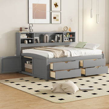 Full Size Wood Daybed With 2 Bedside Cabinets, Upper Shelves And 4 Drawers, Gray Gray Solid Wood Mdf