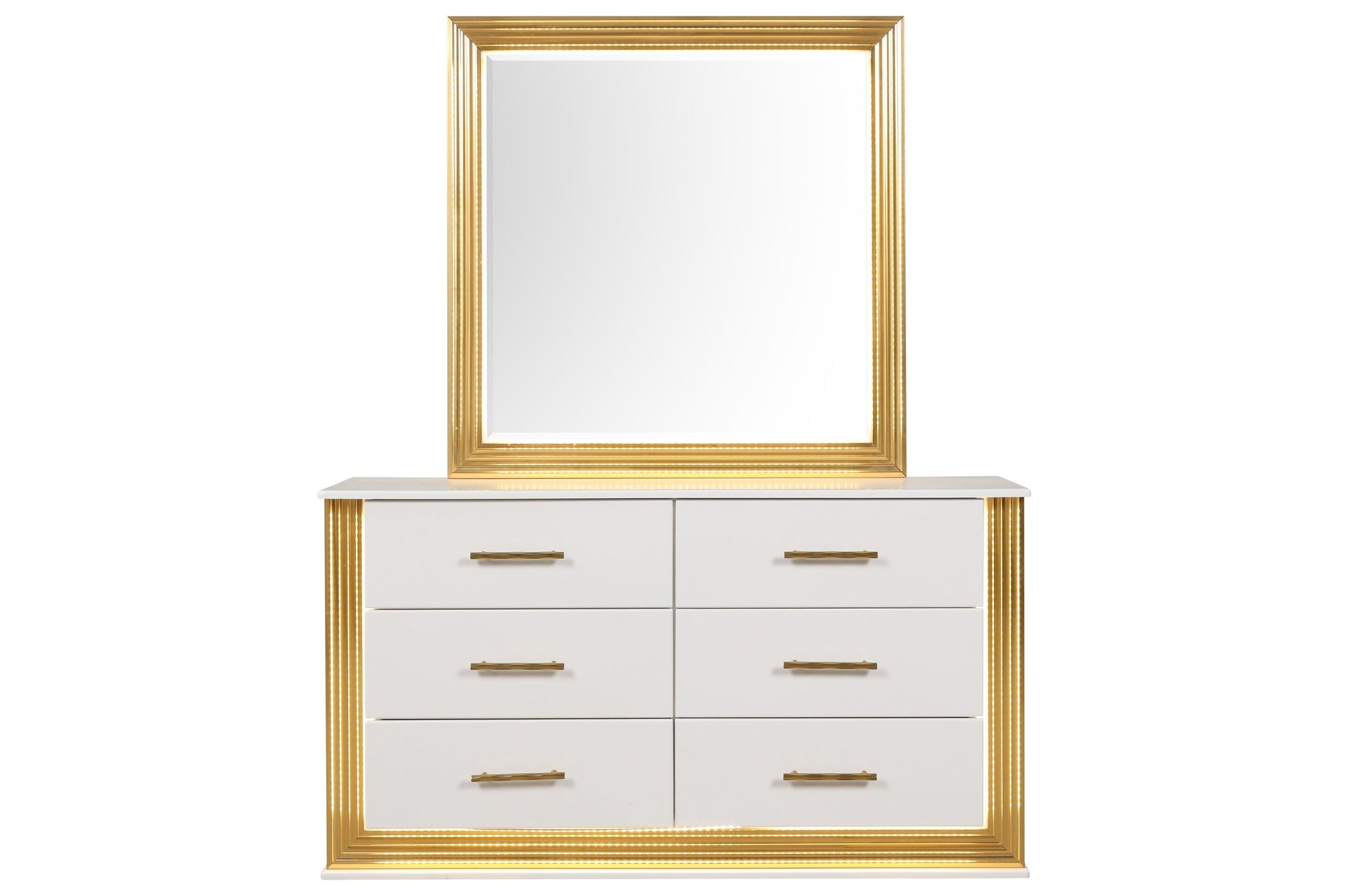 Contemporary Style 4Pc Queen Bedroom Set Made With Wood & Gold Finish Box Spring Not Required Queen White Wood 4 Piece Set Bedroom Bed Included,Dresser Included,Mirror Included,Nightstand Included Contemporary,Modern Solid Wood Mdf Built In Lighting Wood