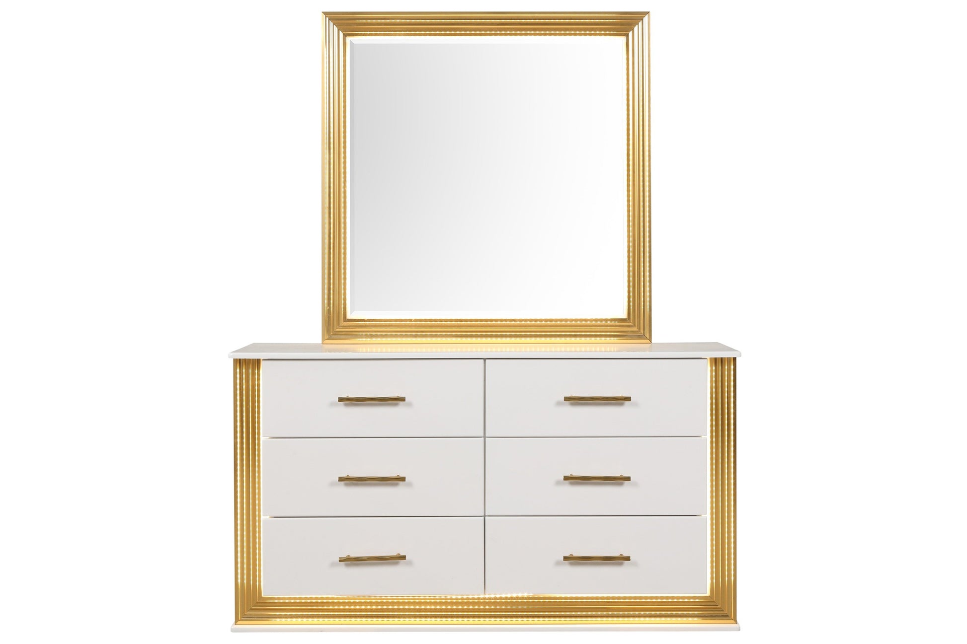 Contemporary Style 5Pc Queen Bedroom Set Made With Wood & Gold Finish Box Spring Not Required Queen White Wood 5 Piece Set Bedroom Bed Included,Chest Included,Dresser Included,Mirror Included,Nightstand Included Contemporary,Modern Solid Wood Mdf Built