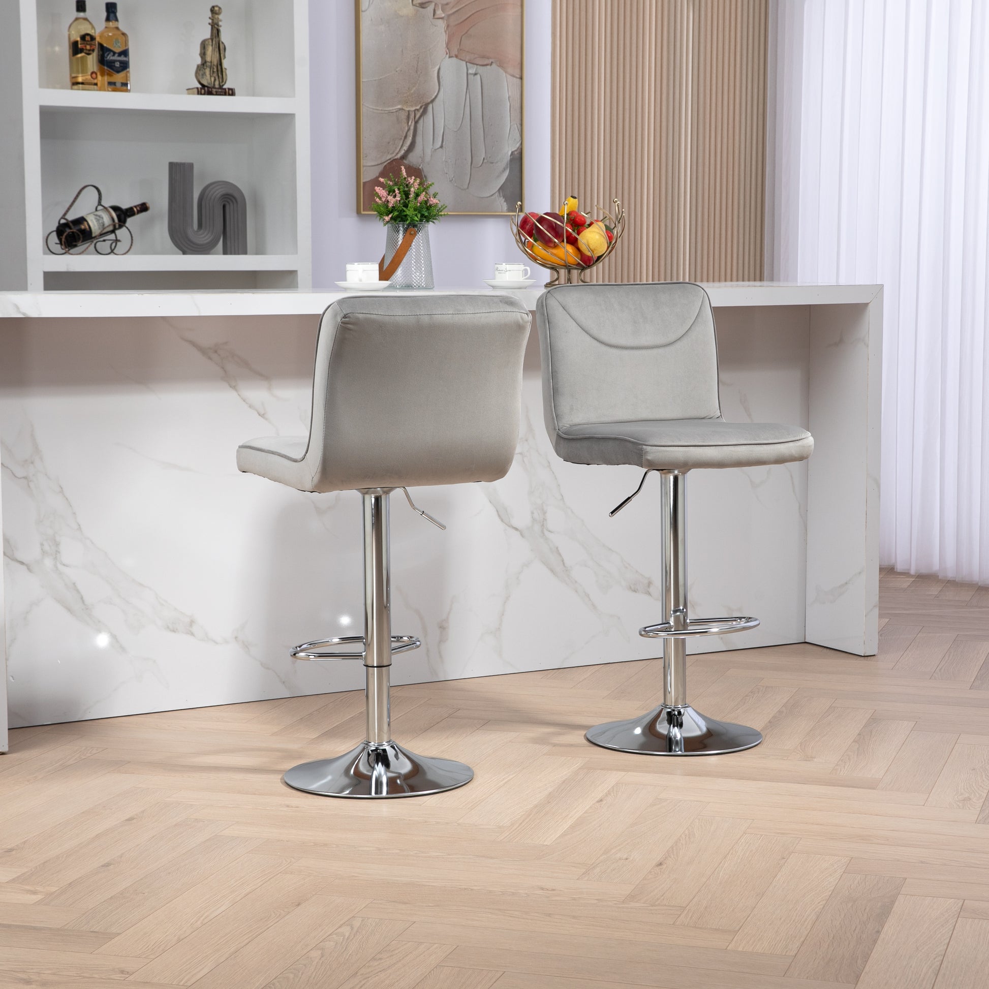 Coolmore Bar Stools With Back And Footrest Counter Height Dining Chairs 2Pc Set,360 Velvet Swivel Bar Stools Set Of 2, Adjustable Counter Height Bar Chairs Gray Velvet Gray Primary Living Space Foam Velvet