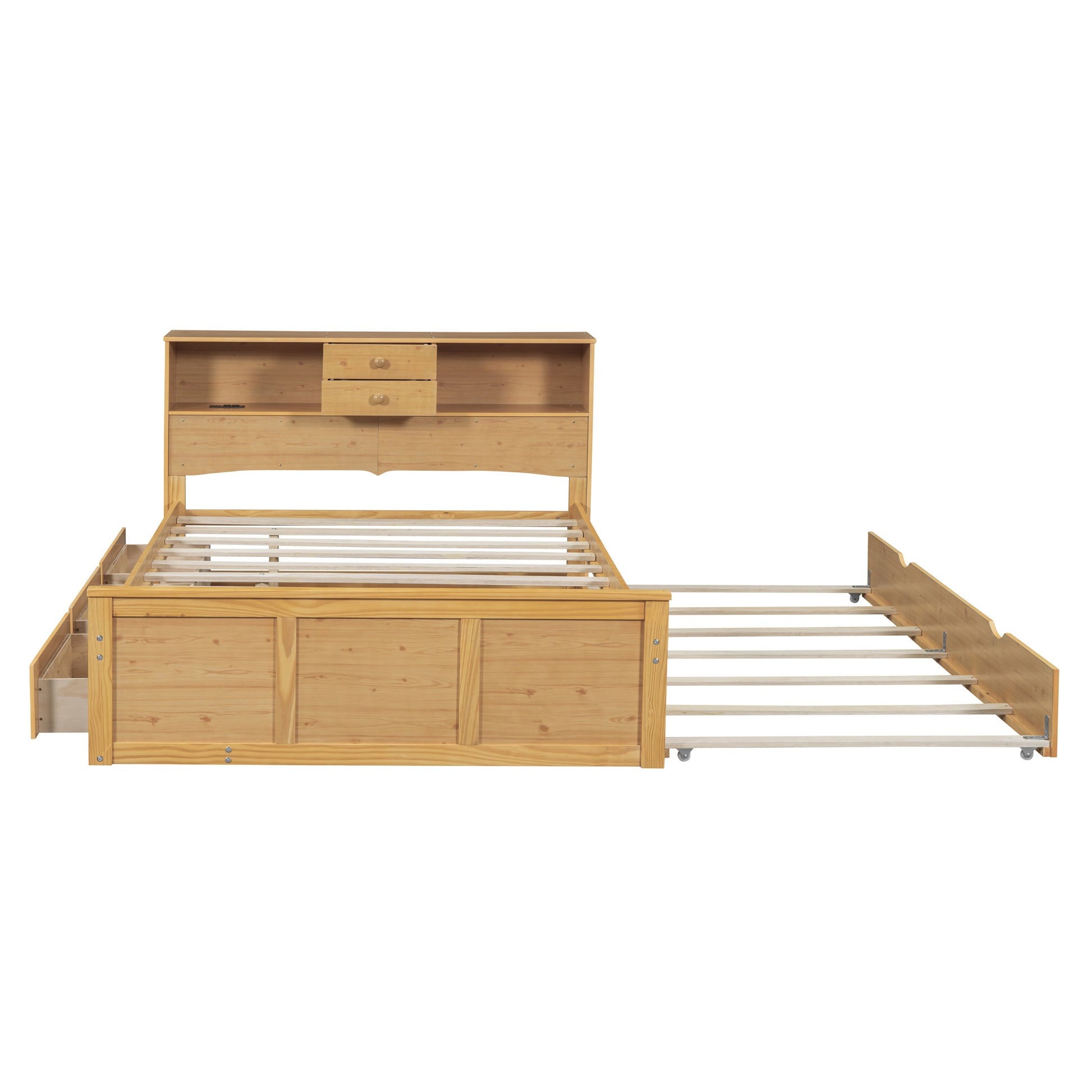 Full Size Wood Pltaform Bed With Twin Size Trundle, 3 Drawers, Upper Shelves And A Set Of Usb Ports & Sockets, Natural Natural Solid Wood Mdf
