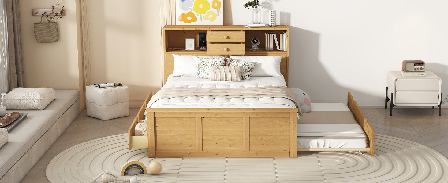 Full Size Wood Pltaform Bed With Twin Size Trundle, 3 Drawers, Upper Shelves And A Set Of Usb Ports & Sockets, Natural Natural Solid Wood Mdf
