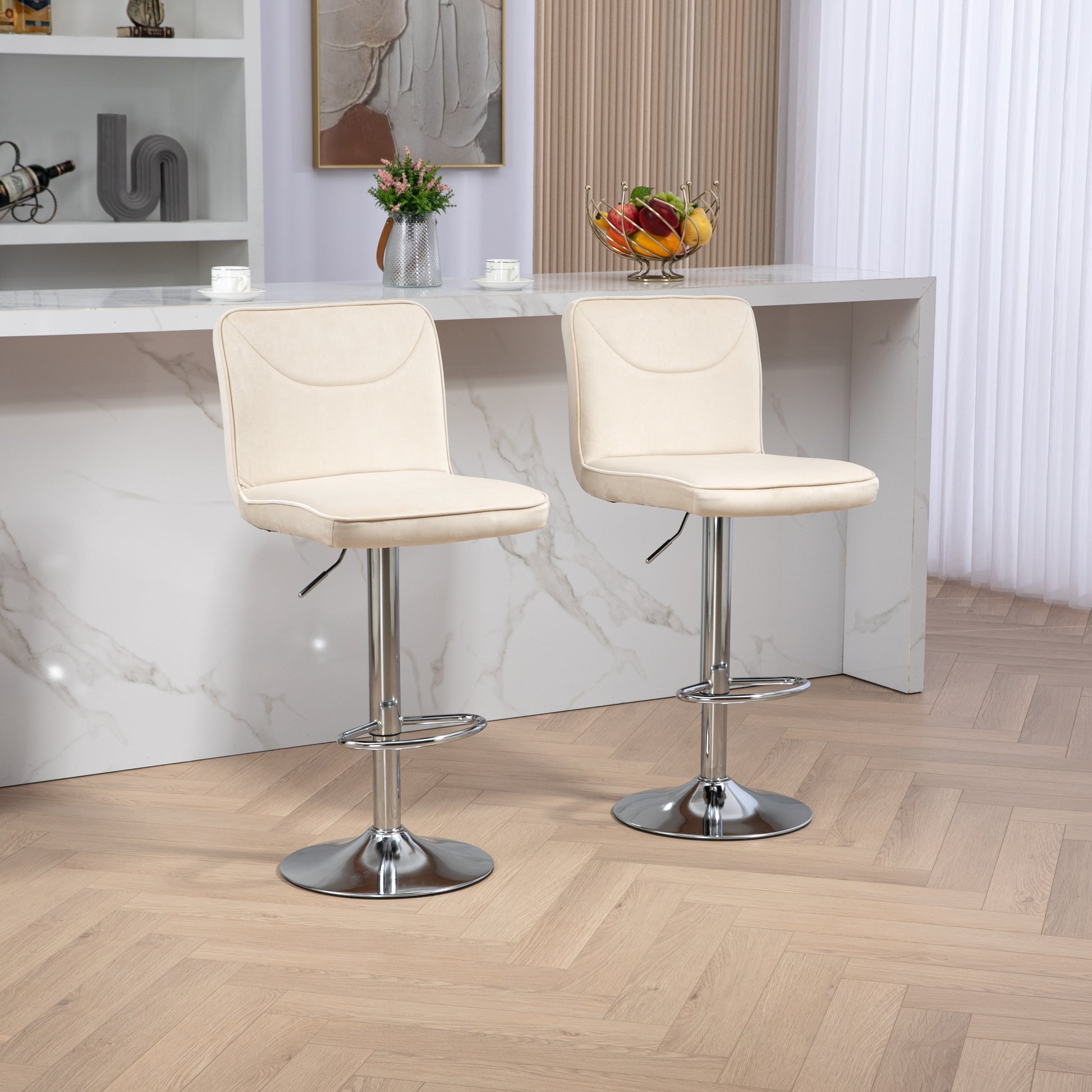 Coolmore Bar Stools With Back And Footrest Counter Height Dining Chairs 2Pc Set,360 Velvet Swivel Bar Stools Set Of 2, Adjustable Counter Height Bar Chairs Ivory Velvet Ivory Foam Velvet