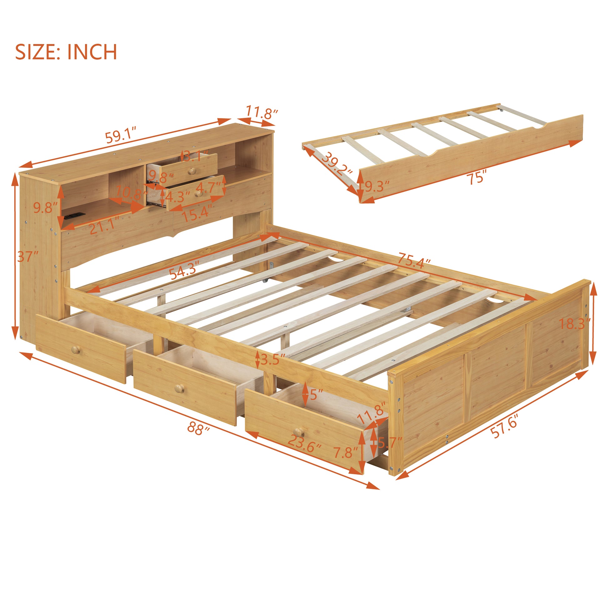 Full Size Wood Pltaform Bed With Twin Size Trundle, 3 Drawers, Upper Shelves And A Set Of Usb Ports & Sockets, Natural Natural Solid Wood Mdf