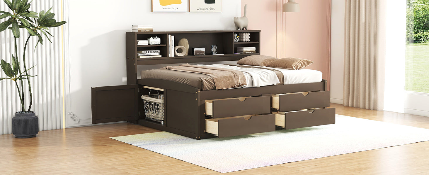 Full Size Wood Daybed With 2 Bedside Cabinets, Upper Shelves And 4 Drawers, Antique Brown Antique Brown Solid Wood Mdf