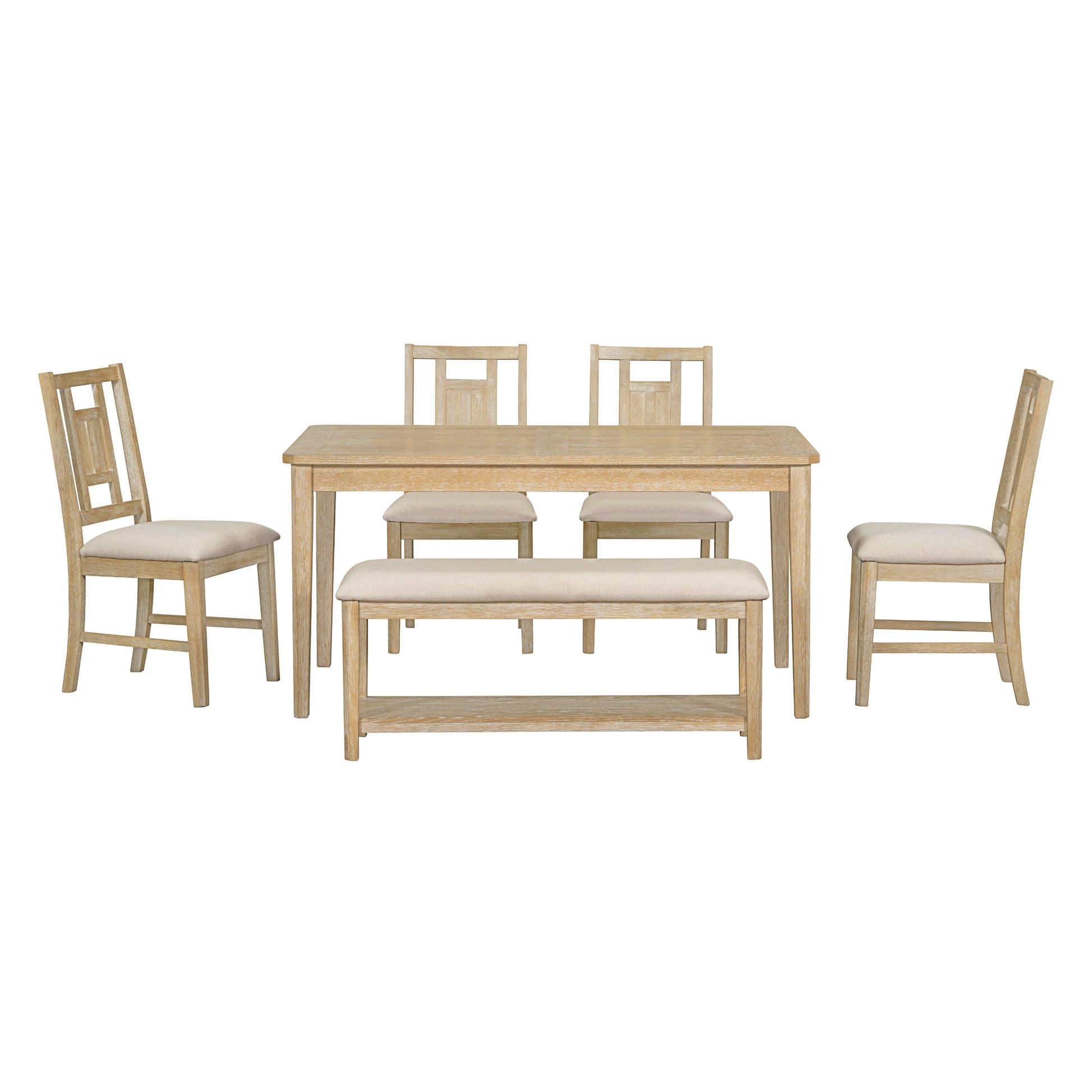 6 Piece Retro Dining Set, Minimalist Dining Table And 4 Upholstered Chairs & 1 Bench With A Shelf For Dining Room Natural Wood Wash Natural Wood Wash Mdf