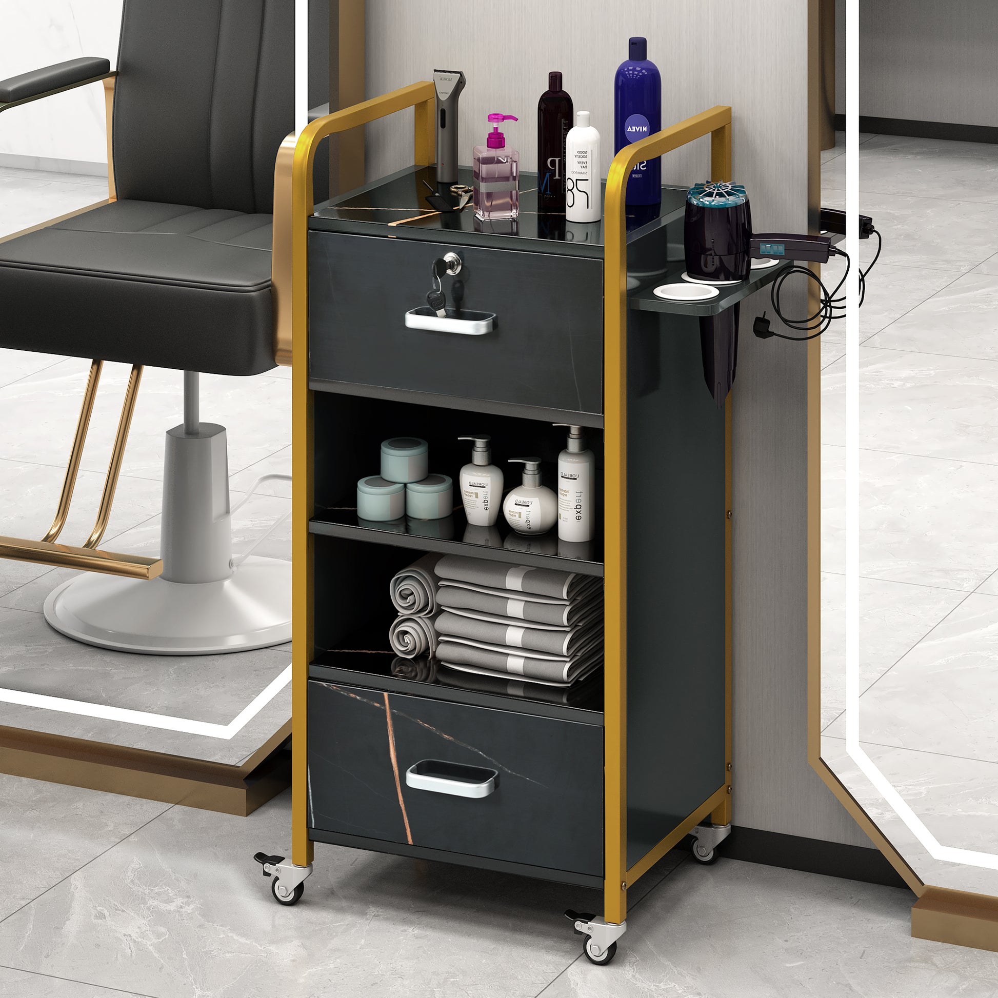 Locking Salon Storage Cabinet,Beauty Barber Salon Styling Station Organizer Equipment With 3 Hair Dryer Holder, 2 Drawers For Beauty Spa Barber Shop,Black Gold Black Modern Mdf Mdf Metal