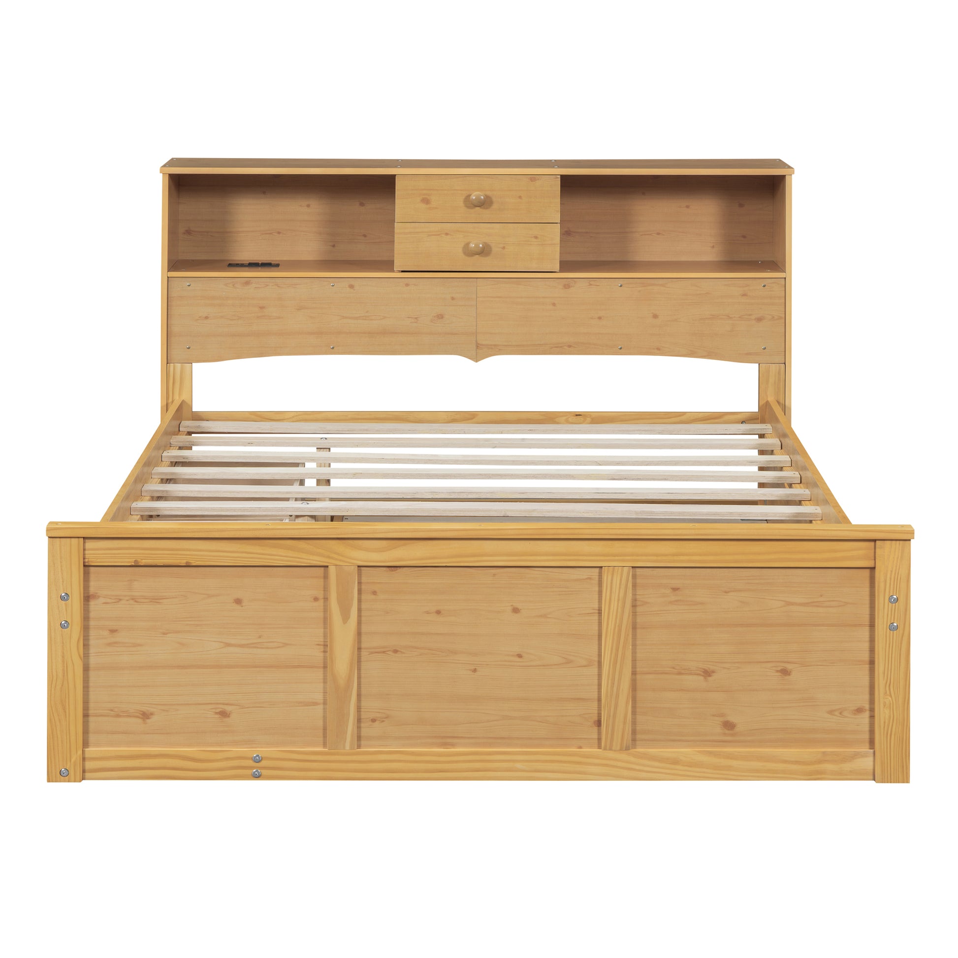 Full Size Wood Pltaform Bed With Twin Size Trundle, 3 Drawers, Upper Shelves And A Set Of Usb Ports & Sockets, Natural Natural Solid Wood Mdf