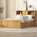 Full Size Wood Pltaform Bed With Twin Size Trundle, 3 Drawers, Upper Shelves And A Set Of Usb Ports & Sockets, Natural Natural Solid Wood Mdf