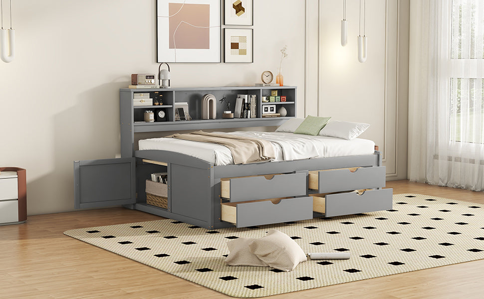 Full Size Wood Daybed With 2 Bedside Cabinets, Upper Shelves And 4 Drawers, Gray Gray Solid Wood Mdf