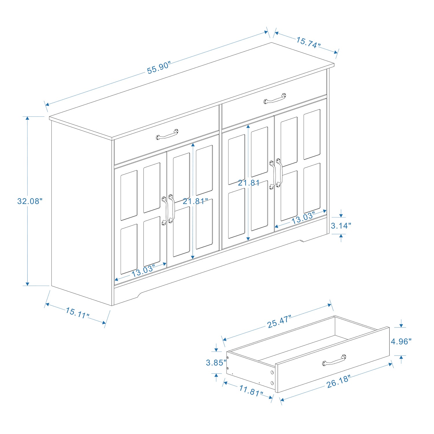 55.91" Large Farmhouse Buffet Cabinet Storage Sideboard With 2 Drawers And 4 Doors For Dining Living Room Kitchen Cupboard White White Mdf