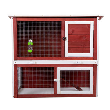 Wood Rabbit Hutch, Pet Playpen With 2 Stories, Ramp, Doors, Pull Out Tray, Water Bottle, Outdoor Enclosure For Small Animals Bunnies, Red And White Red Wood