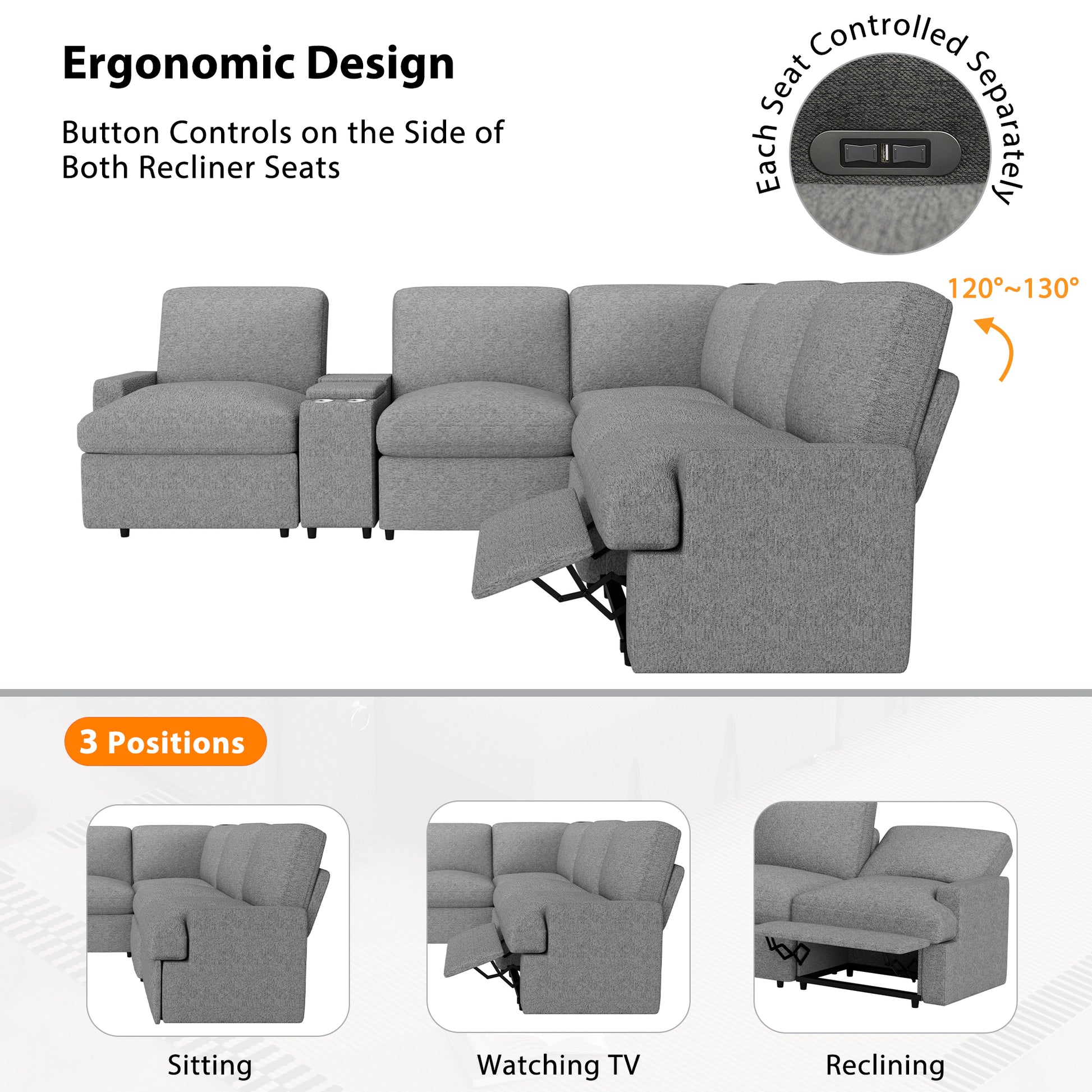 104'' Power Recliner Corner Sofa Home Theater Reclining Sofa Sectional Couches With Storage Box, Cup Holders, Usb Ports And Power Socket For Living Room, Grey Grey Foam Linen 4 Seat