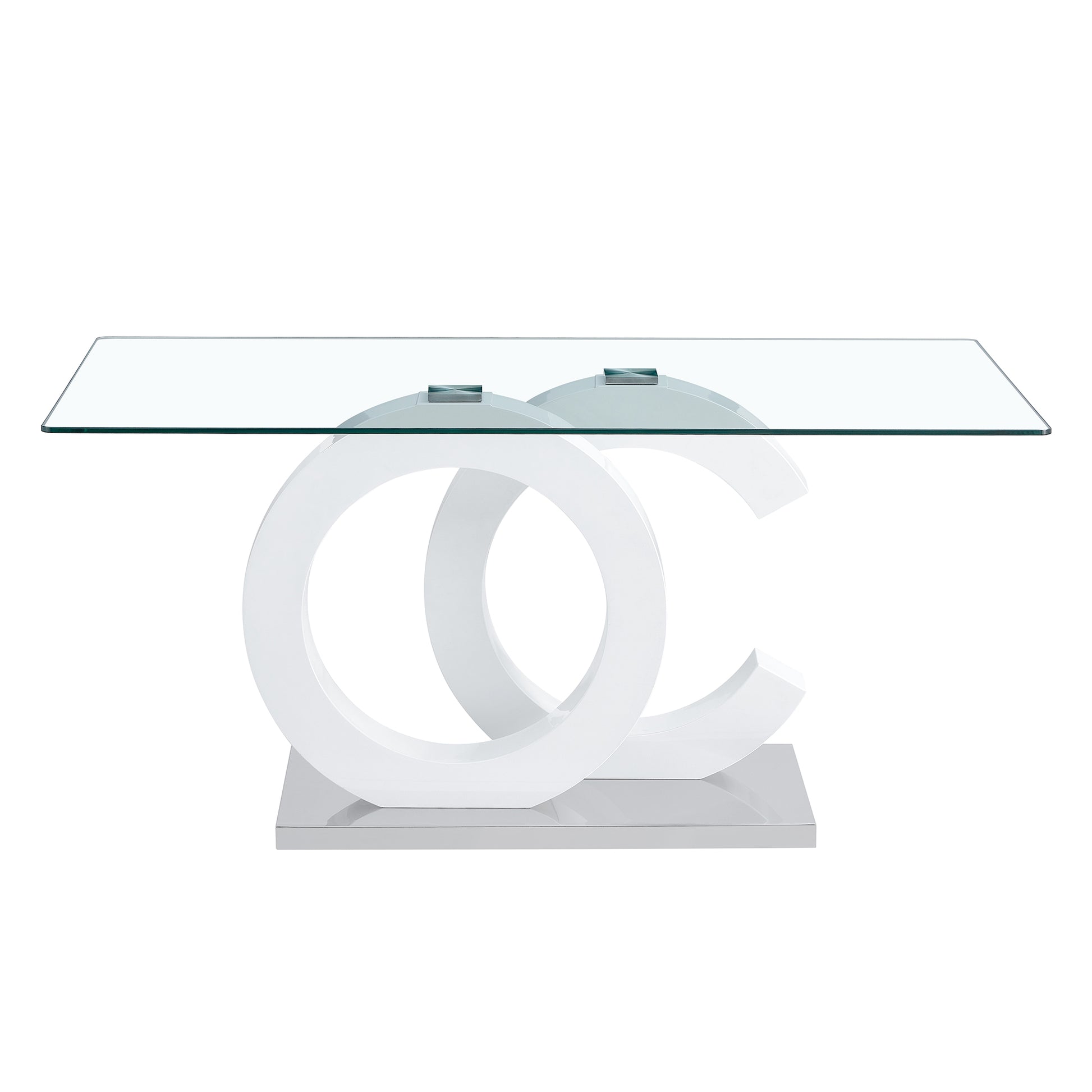 Large Modern Minimalist Rectangular Glass Dining Table, Suitable For 6 8 People, Equipped With 0.39 "Tempered Glass Tabletop, White Mdf Oc Shaped Bracket And Metal Base, Suitable For Kitchen White Glass