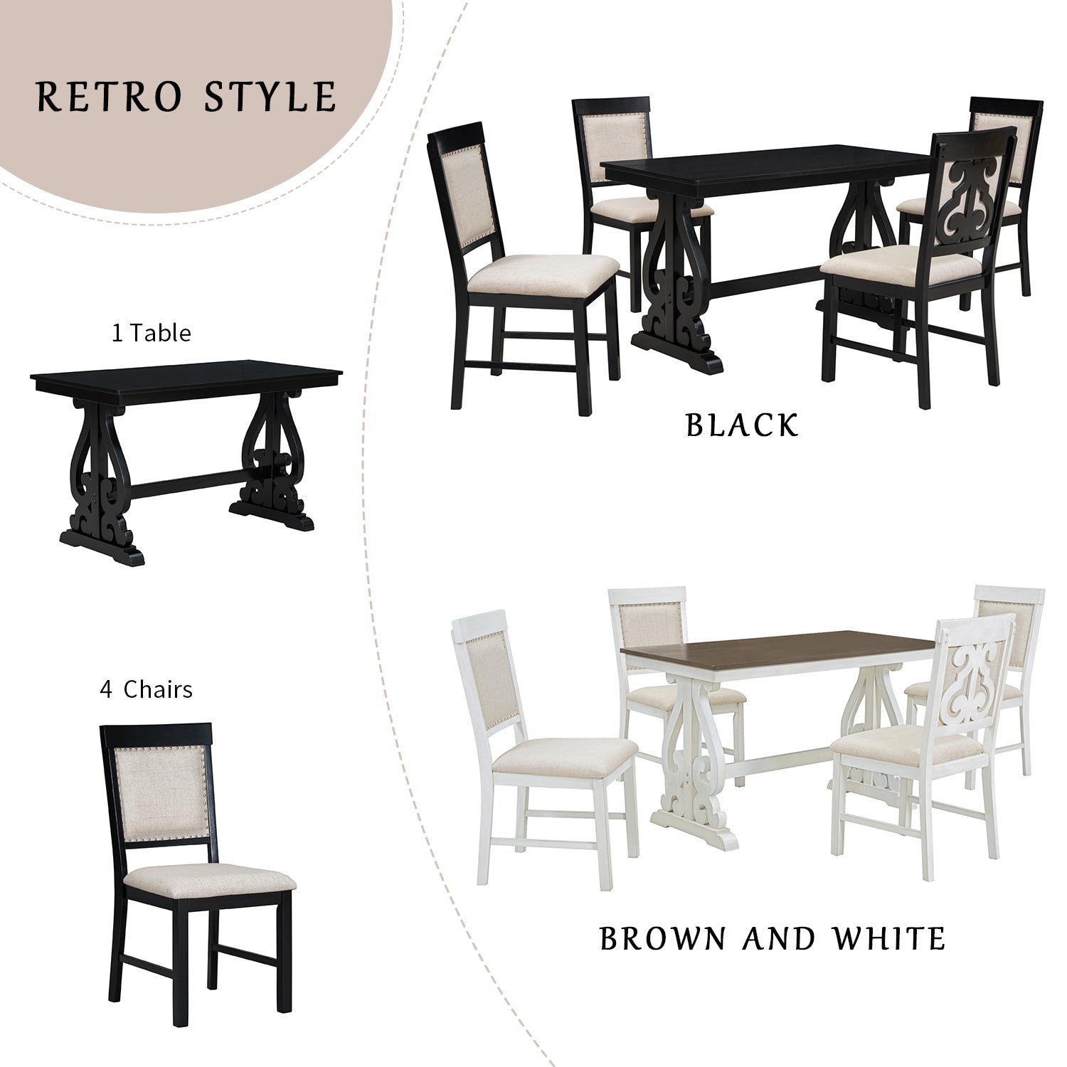 5 Piece Retro Dining Set, Rectangular Wooden Dining Table And 4 Upholstered Chairs For Dining Room And Kitchen Black Black Solid Wood Mdf