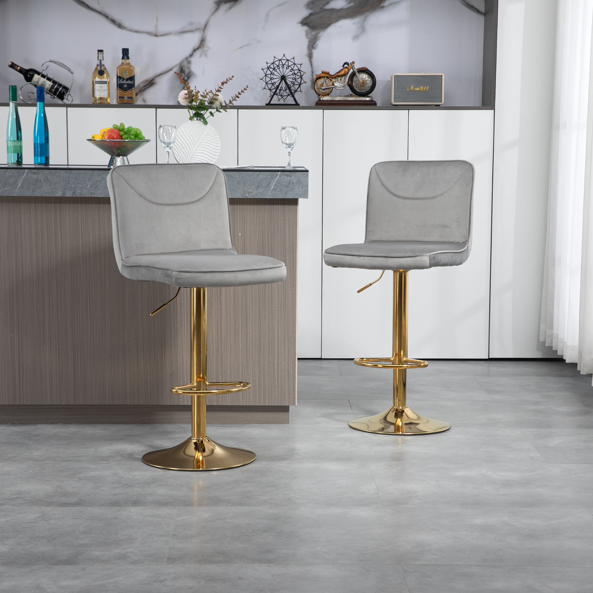 Coolmore Bar Stools With Back And Footrest Counter Height Dining Chairs 2Pc Set,360 Velvet Swivel Bar Stools Set Of 2, Adjustable Counter Height Bar Chairs Gray Velvet Gray Primary Living Space Foam Velvet