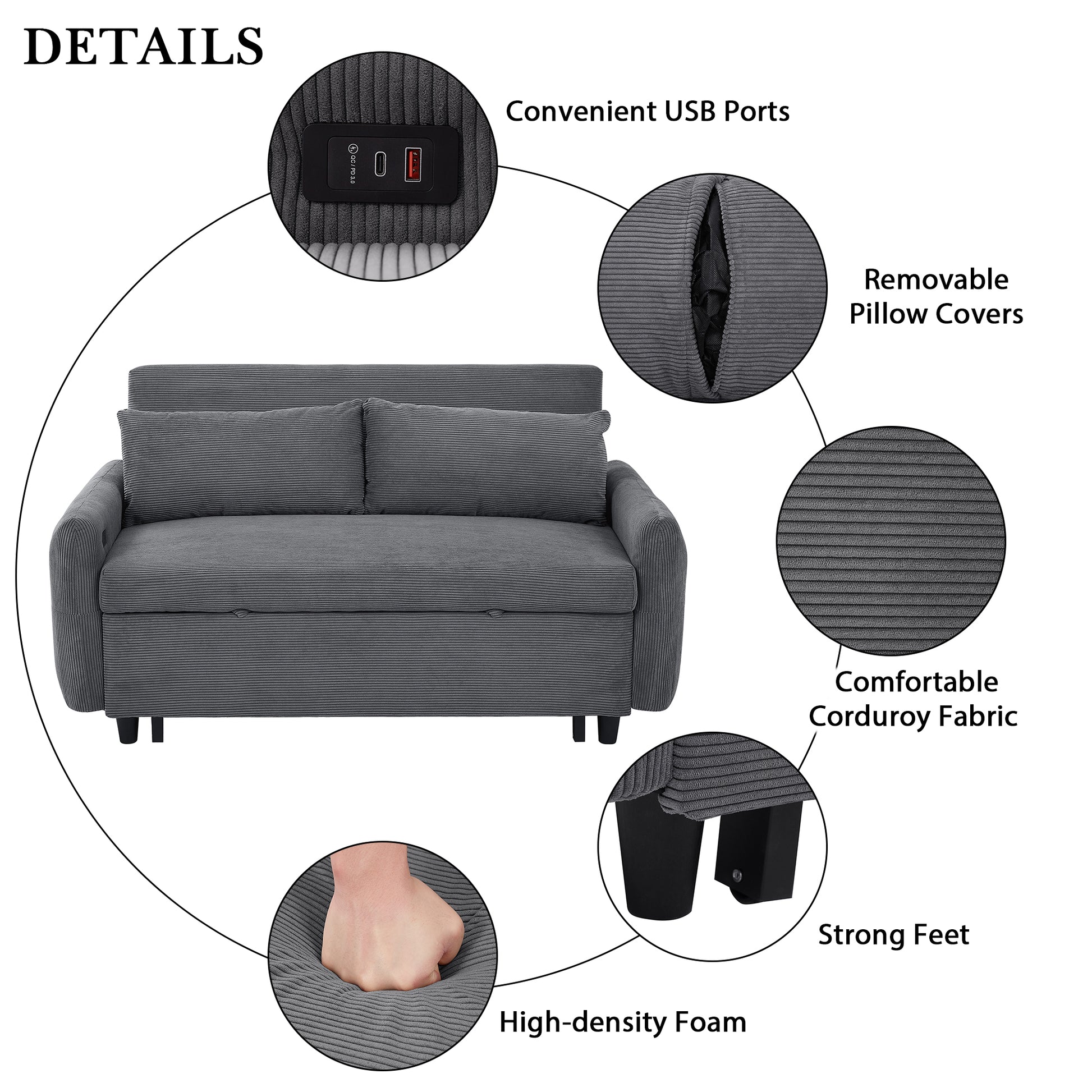 57.48" Pull Out Sofa Bed Convertible Couch 2 Seat Loveseat Sofa Modern Sleeper Sofa With Two Throw Pillows And Usb Ports For Living Room, Dark Grey Old Sku:Wf317760Aar Dark Grey Foam Corduroy 2 Seat
