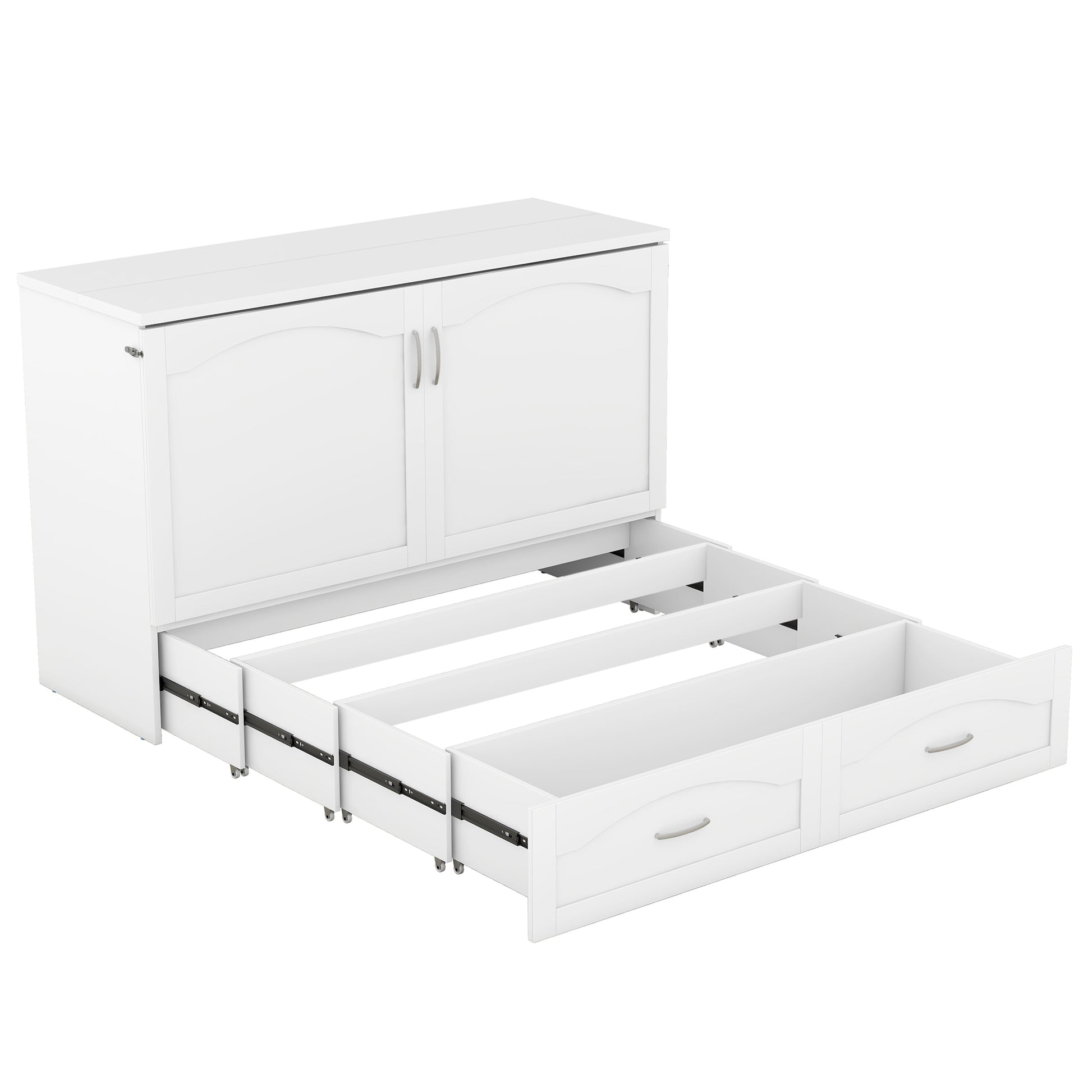 Queen Size Murphy Bed Wall Bed With Drawer And A Set Of Sockets & Usb Ports, Pulley Structure Design, White White Solid Wood Mdf