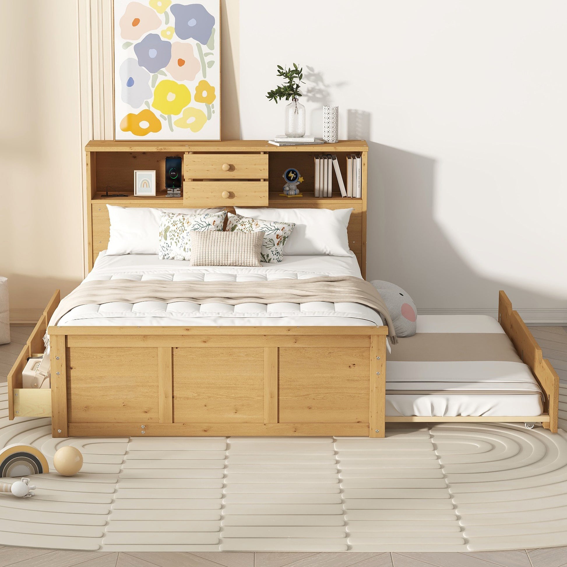 Full Size Wood Pltaform Bed With Twin Size Trundle, 3 Drawers, Upper Shelves And A Set Of Usb Ports & Sockets, Natural Natural Solid Wood Mdf
