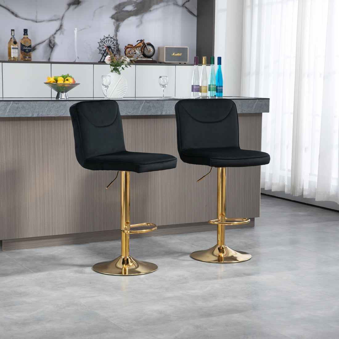 Coolmore Bar Stools With Back And Footrest Counter Height Dining Chairs 2Pc Set,360 Velvet Swivel Bar Stools Set Of 2, Adjustable Counter Height Bar Chairs Black Velvet Black Primary Living Space Foam Velvet