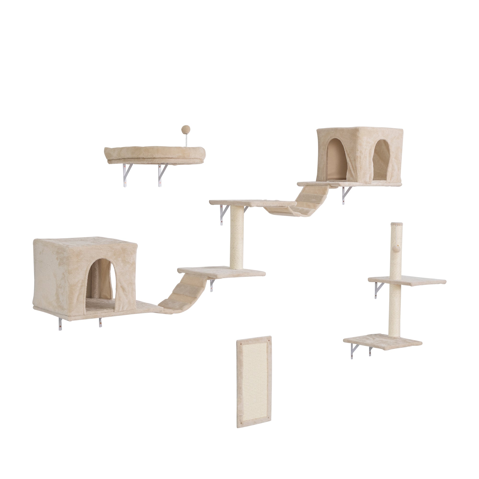 Wall Mounted Cat Tree, Cat Furniture With 2 Cat Condos House, 3 Cat Wall Shelves, 2 Ladder, 1 Cat Perch, Sisal Cat Scratching Posts And Pad Beige Particle Board