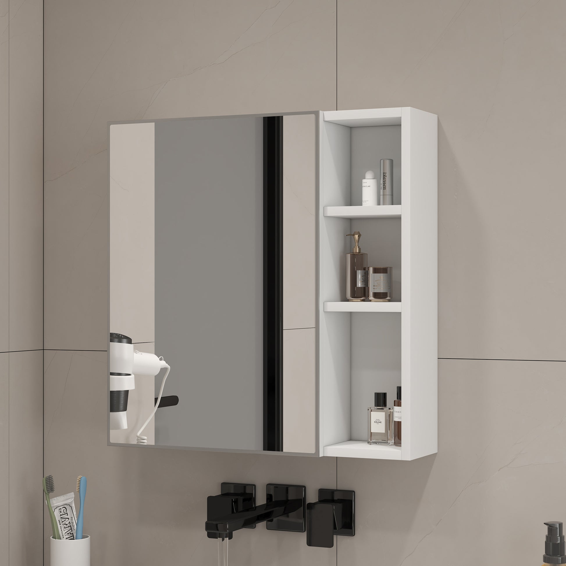 A White Mdf Material Mirror Cabinet, Bathroom Mirror, And A Separate Wall Mounted Bathroom Mirror For Storage And Space Saving. White Mdf Glass