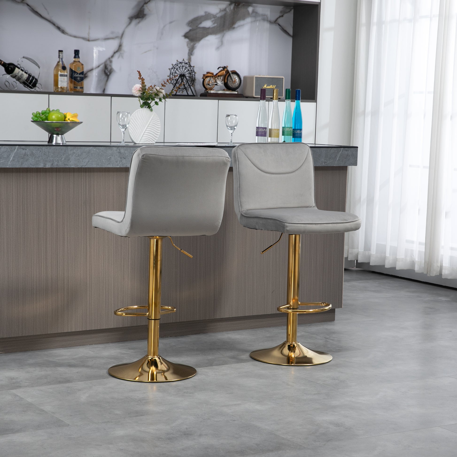 Coolmore Bar Stools With Back And Footrest Counter Height Dining Chairs 2Pc Set,360 Velvet Swivel Bar Stools Set Of 2, Adjustable Counter Height Bar Chairs Gray Velvet Gray Primary Living Space Foam Velvet