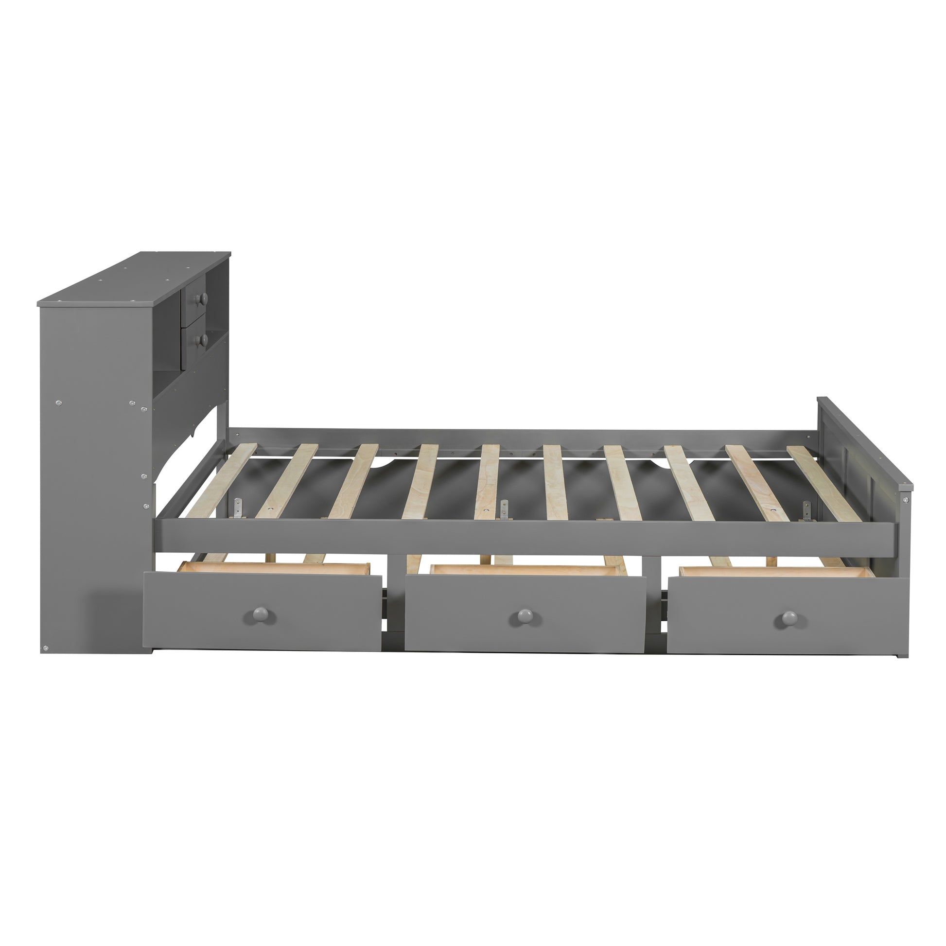 Full Size Wood Pltaform Bed With Win Size Trundle, 3 Drawers, Upper Shelves And A Set Of Usb Ports & Sockets, Gray Gray Solid Wood Mdf