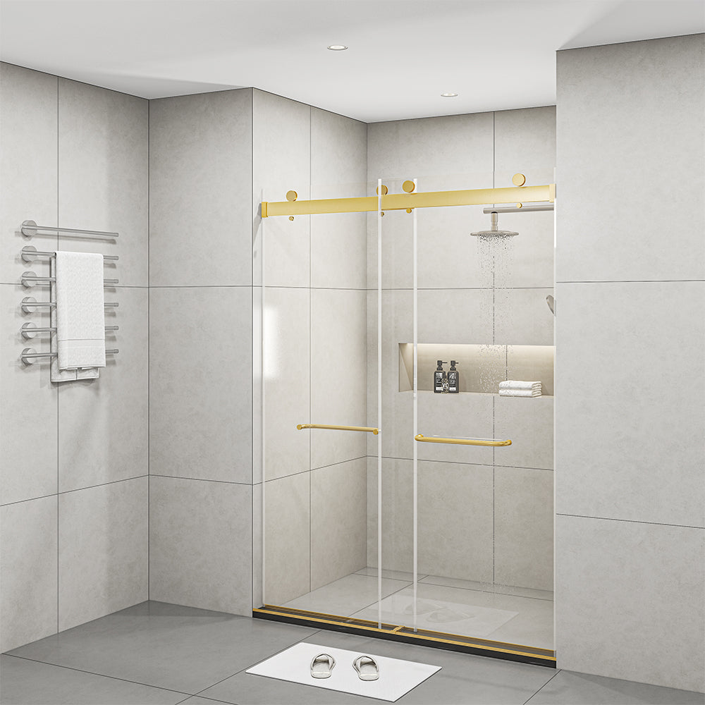 Frameless Sliding Glass Shower Doors 60" Width X 76"Height With 3 8" 10Mm Clear Tempered Glass, Brushed Gold Brushed Gold Bathroom American Design Stainless Steel Tempered Glass