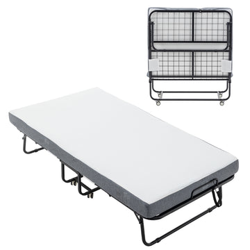 Folding Bed With Mattress, Sportable Foldable Bed With Storage Cover, Srollaway Bed For Adults With Memory Foam Mattress And Metal Frame, Scot Size Guest Bed On Wheels, 75 X 38 Black Metal Foam