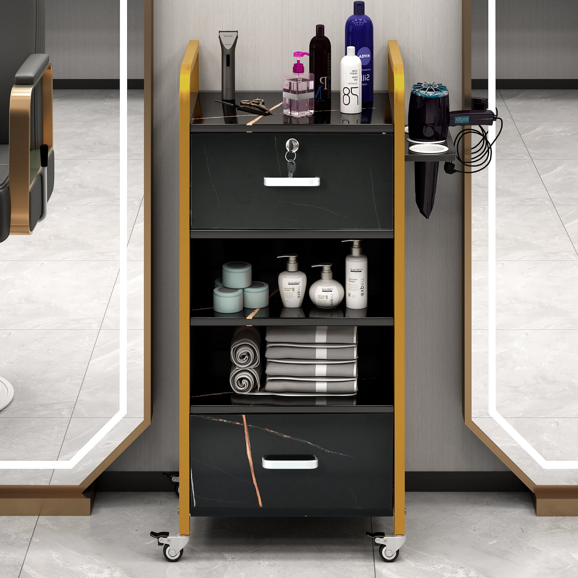 Locking Salon Storage Cabinet,Beauty Barber Salon Styling Station Organizer Equipment With 3 Hair Dryer Holder, 2 Drawers For Beauty Spa Barber Shop,Black Gold Black Modern Mdf Mdf Metal