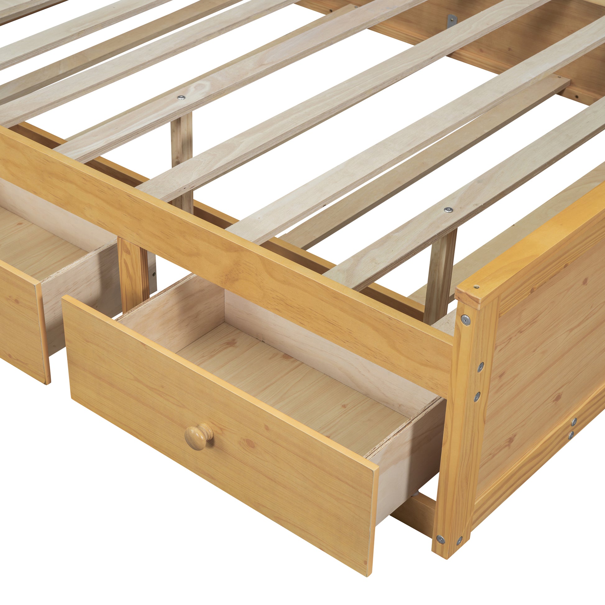 Full Size Wood Pltaform Bed With Twin Size Trundle, 3 Drawers, Upper Shelves And A Set Of Usb Ports & Sockets, Natural Natural Solid Wood Mdf