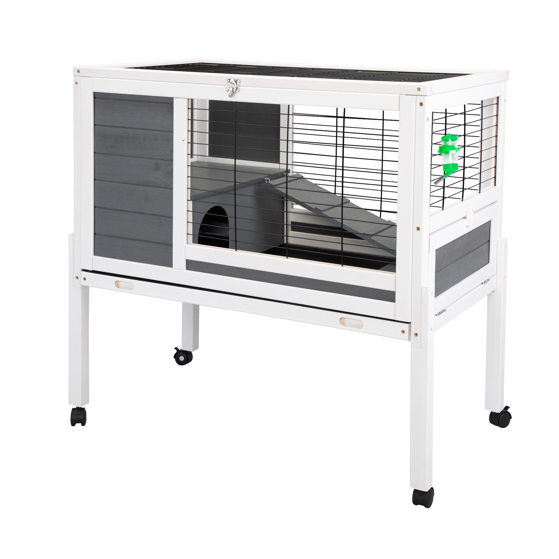 Wooden Rabbit Hutch With Wheels, Indoor Outdoor Pet House With Pull Out Tray Gray And White Gray Wood