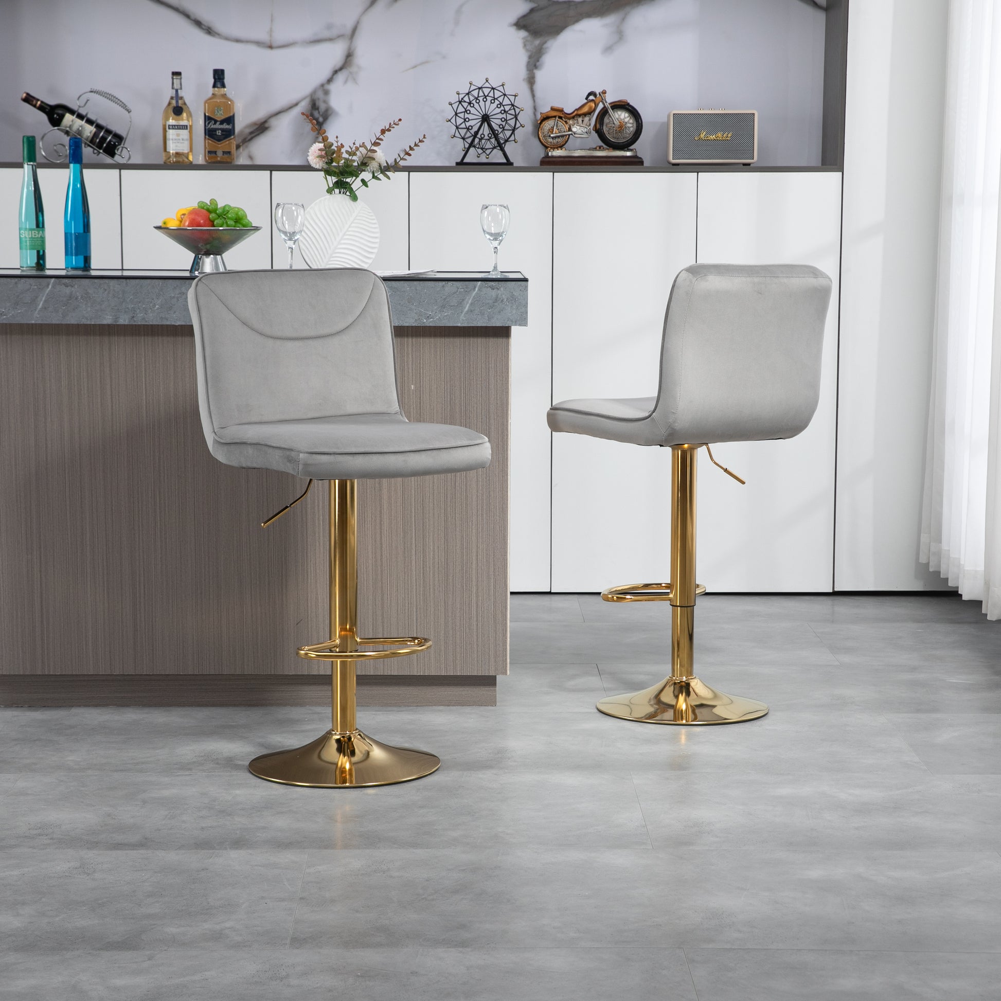 Coolmore Bar Stools With Back And Footrest Counter Height Dining Chairs 2Pc Set,360 Velvet Swivel Bar Stools Set Of 2, Adjustable Counter Height Bar Chairs Gray Velvet Gray Primary Living Space Foam Velvet