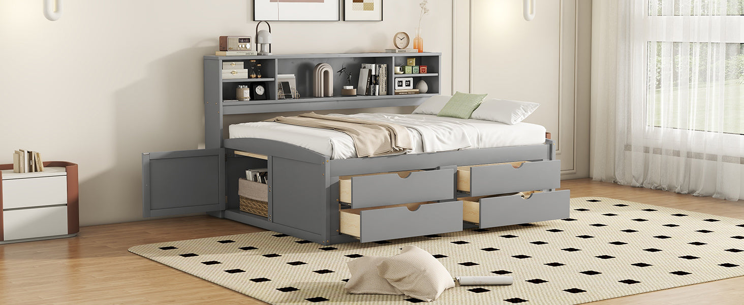 Full Size Wood Daybed With 2 Bedside Cabinets, Upper Shelves And 4 Drawers, Gray Gray Solid Wood Mdf