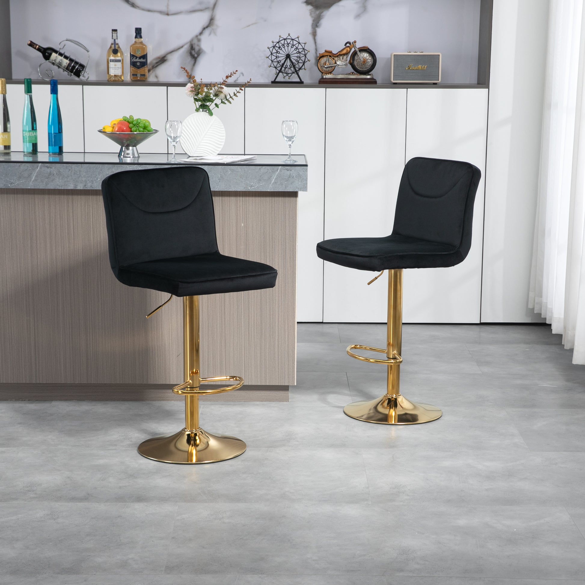 Coolmore Bar Stools With Back And Footrest Counter Height Dining Chairs 2Pc Set,360 Velvet Swivel Bar Stools Set Of 2, Adjustable Counter Height Bar Chairs Black Velvet Black Primary Living Space Foam Velvet