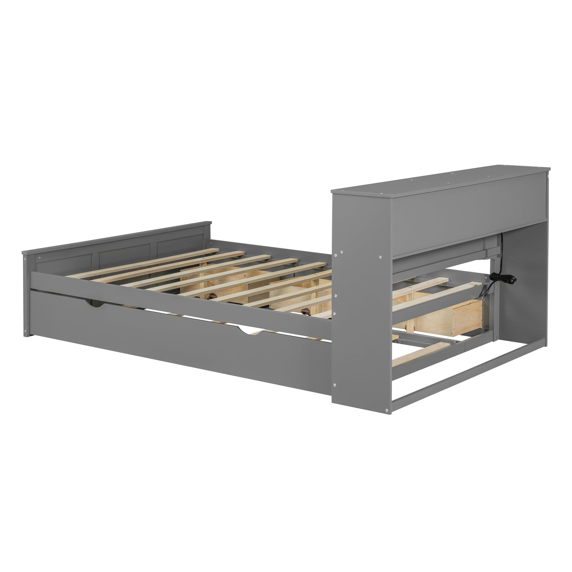 Full Size Wood Pltaform Bed With Win Size Trundle, 3 Drawers, Upper Shelves And A Set Of Usb Ports & Sockets, Gray Gray Solid Wood Mdf
