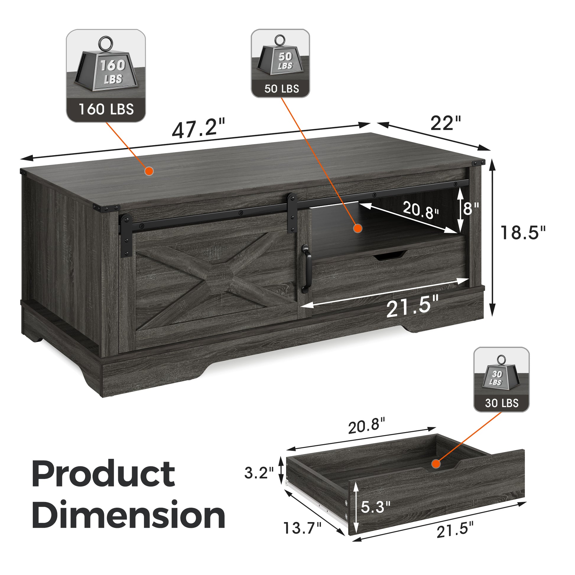 Farmhouse Sliding Barn Door Coffee Storage Large Rectangular Table Dark Gray Dark Grey Engineered Wood